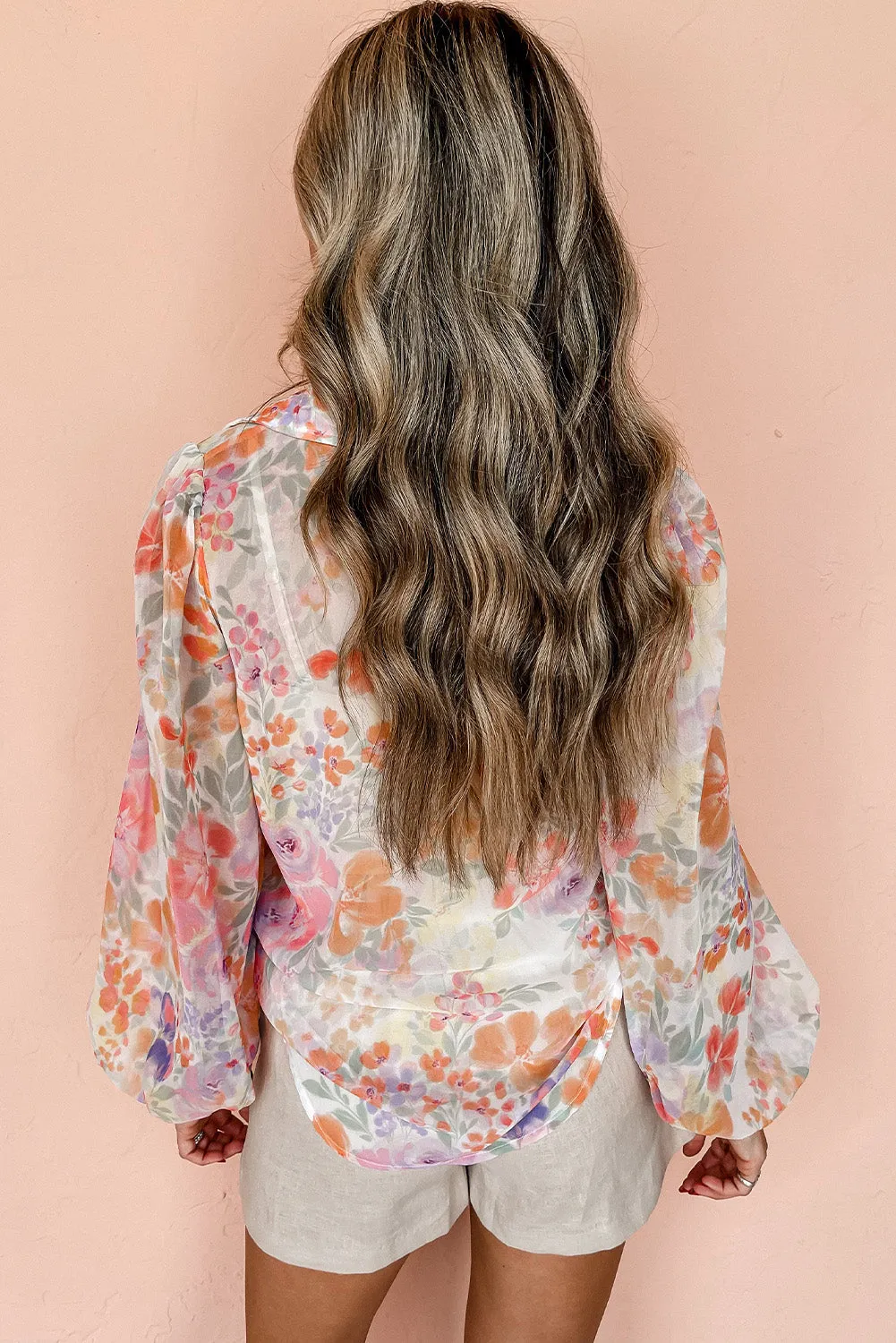 White Floral Print Buttoned Collar Balloon Sleeve Loose Shirt