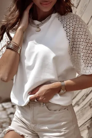 White Pointelle Lace Sleeve Loose Round Neck Tee