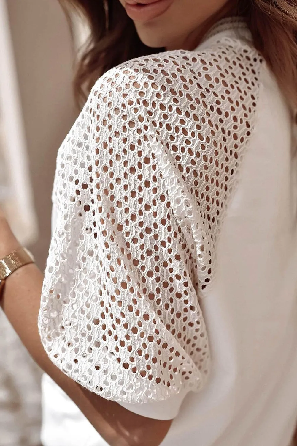 White Pointelle Lace Sleeve Loose Round Neck Tee
