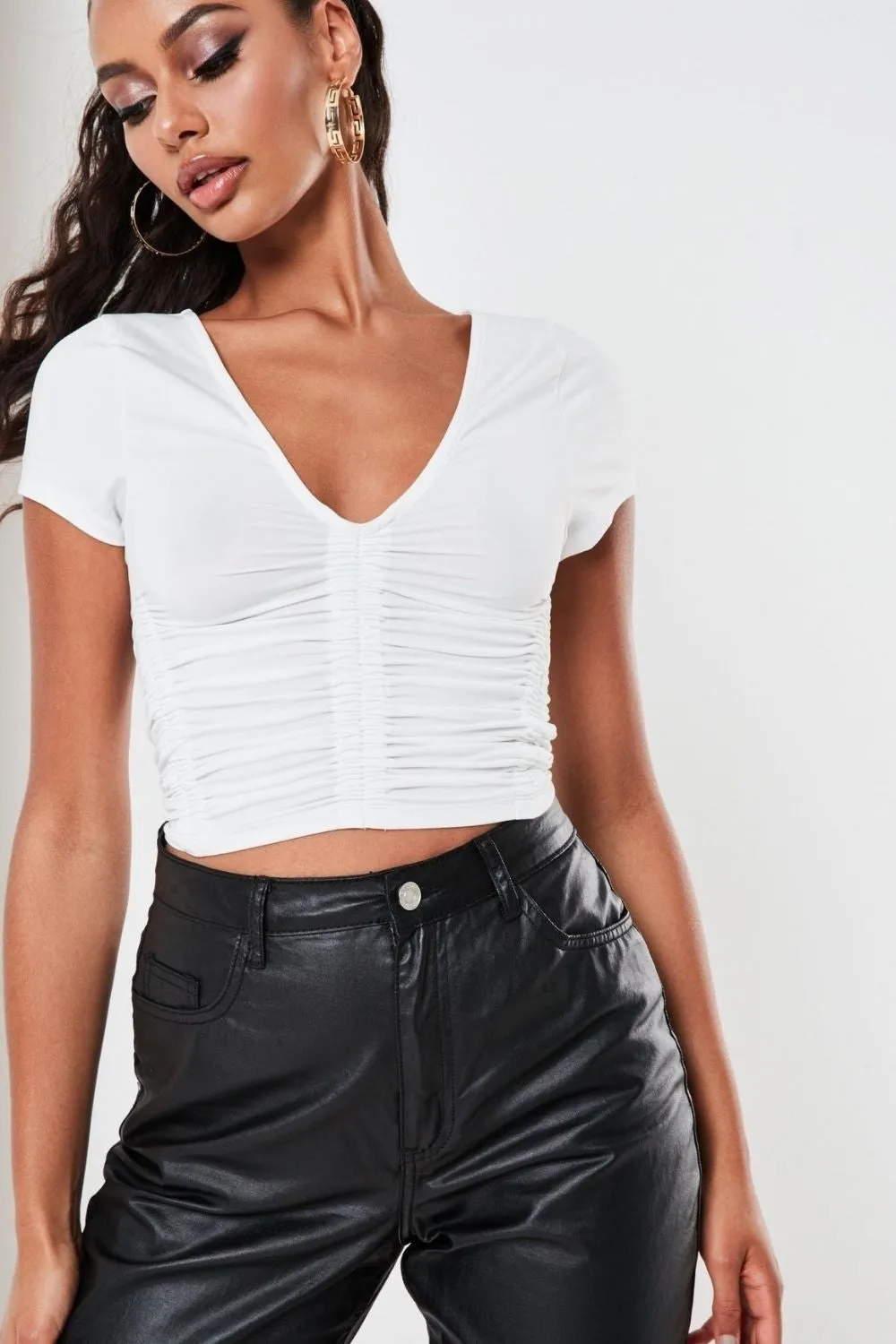 White Slinky Ruched Crop Top