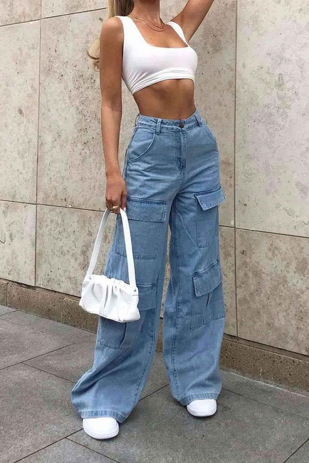 Wide Leg Knee Pocket Jeans