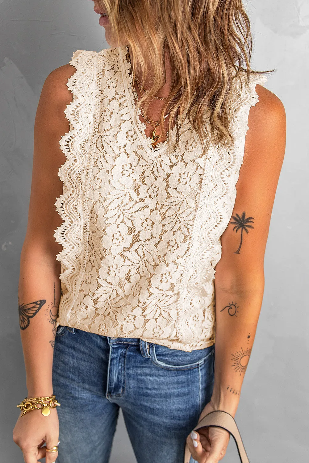Wine Red Lace V Neck Tank Top