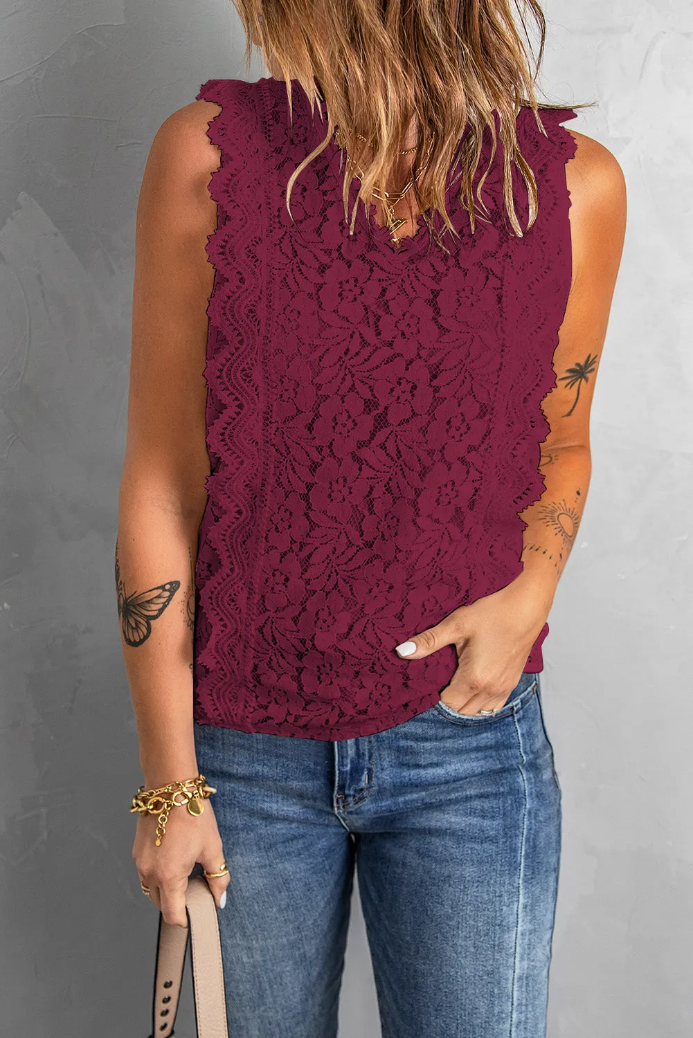 Wine Red Lace V Neck Tank Top