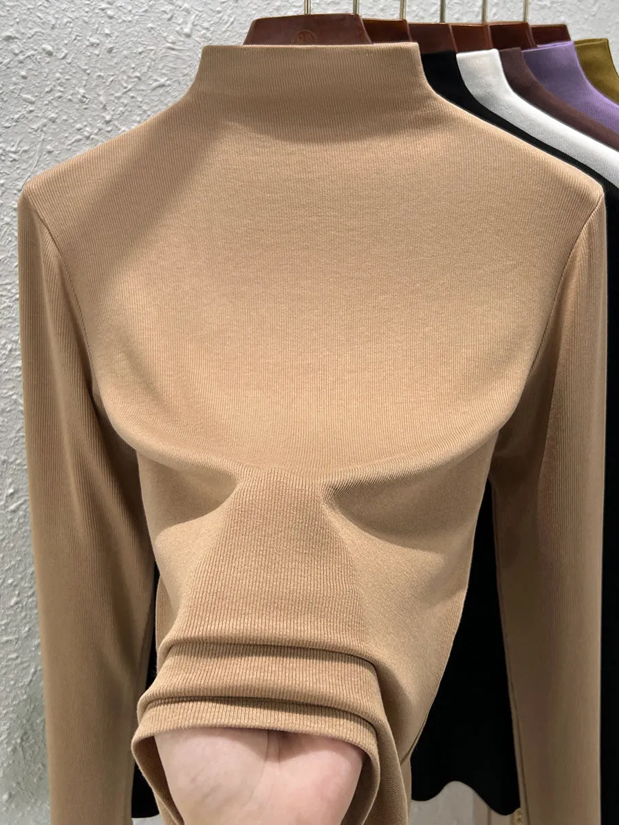 Women Spring Pure Color Half-Turtleneck Blouse