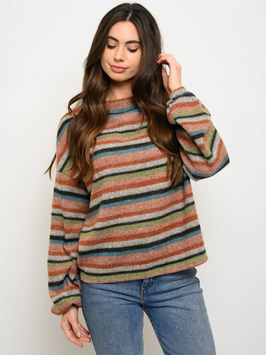 WOMEN'S BRUSHED STRIPES LONG SLEEVE TOP