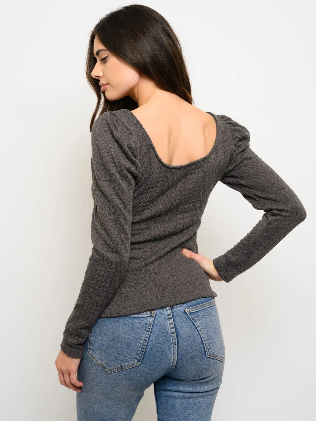 WOMEN'S CABLE KNIT LONG PUFF SLEEVE TOP