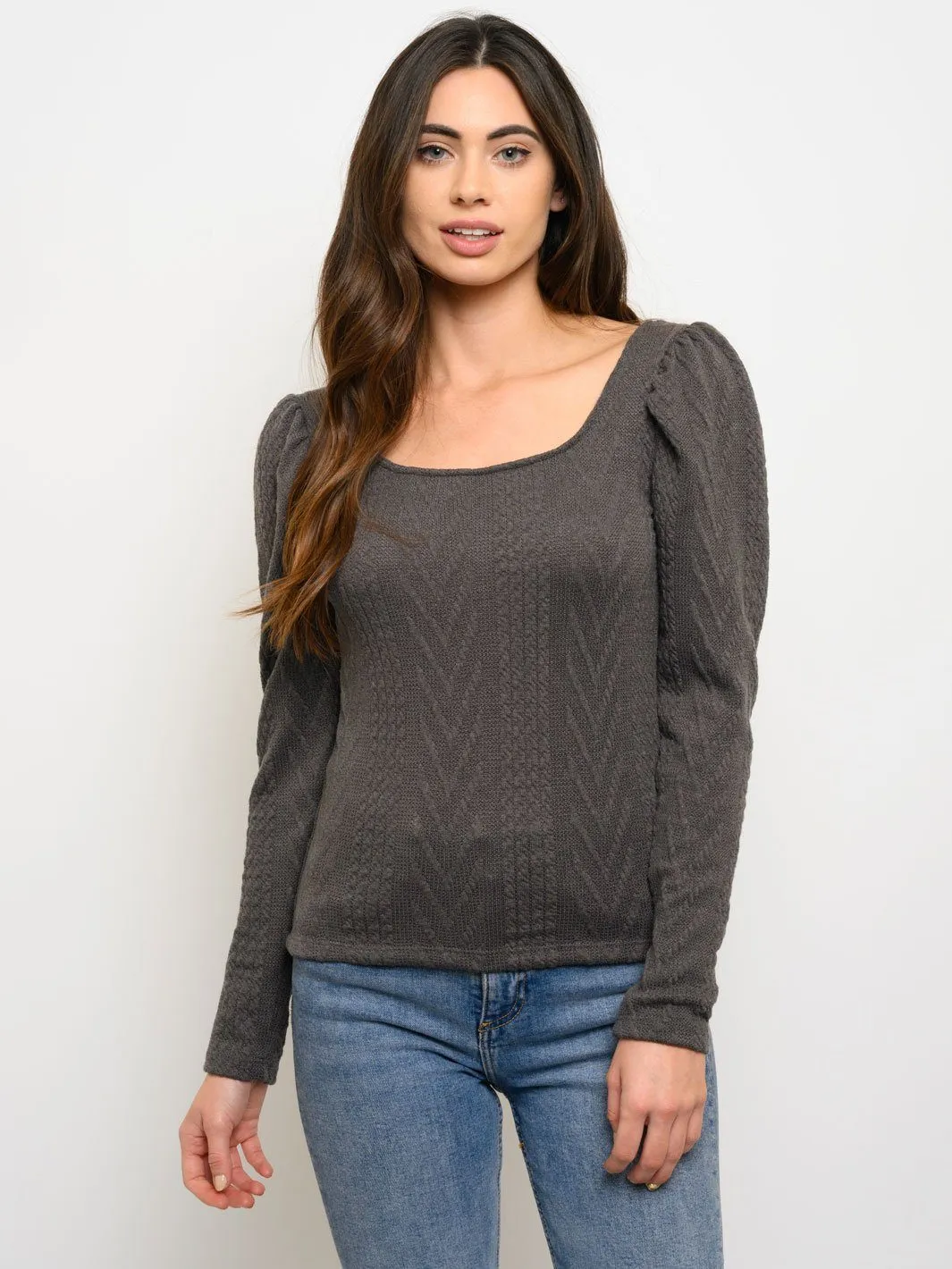 WOMEN'S CABLE KNIT LONG PUFF SLEEVE TOP