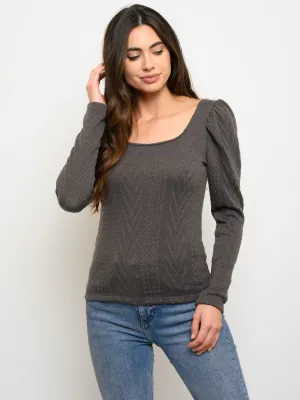 WOMEN'S CABLE KNIT LONG PUFF SLEEVE TOP