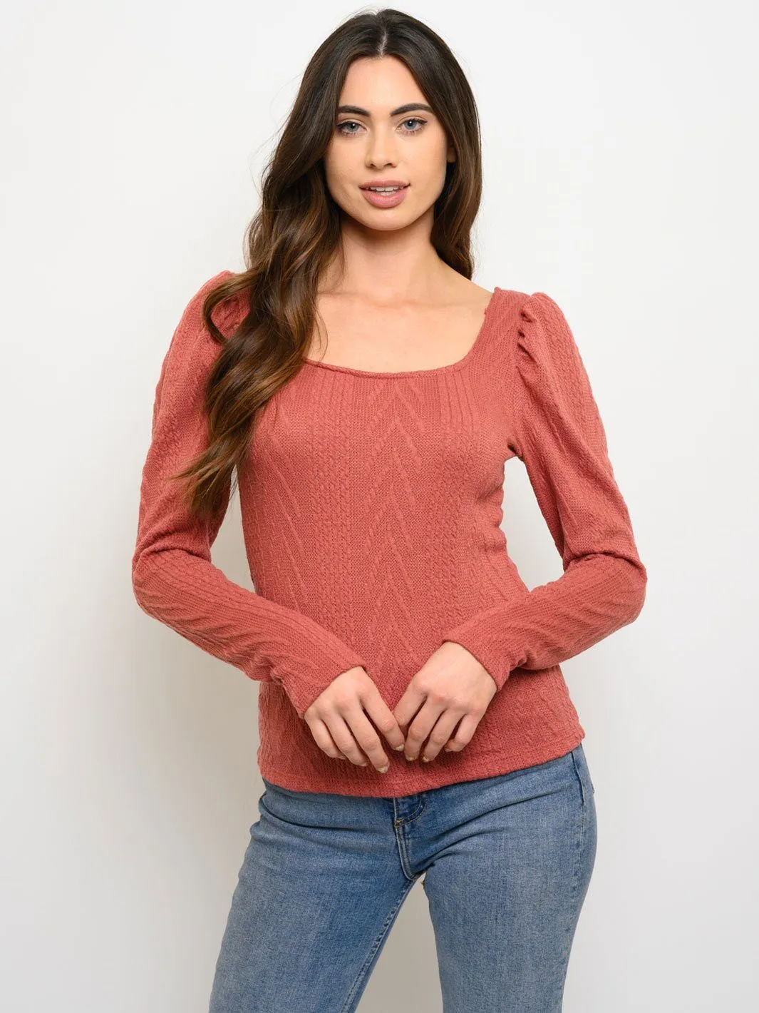 WOMEN'S CABLE KNIT LONG PUFF SLEEVE TOP
