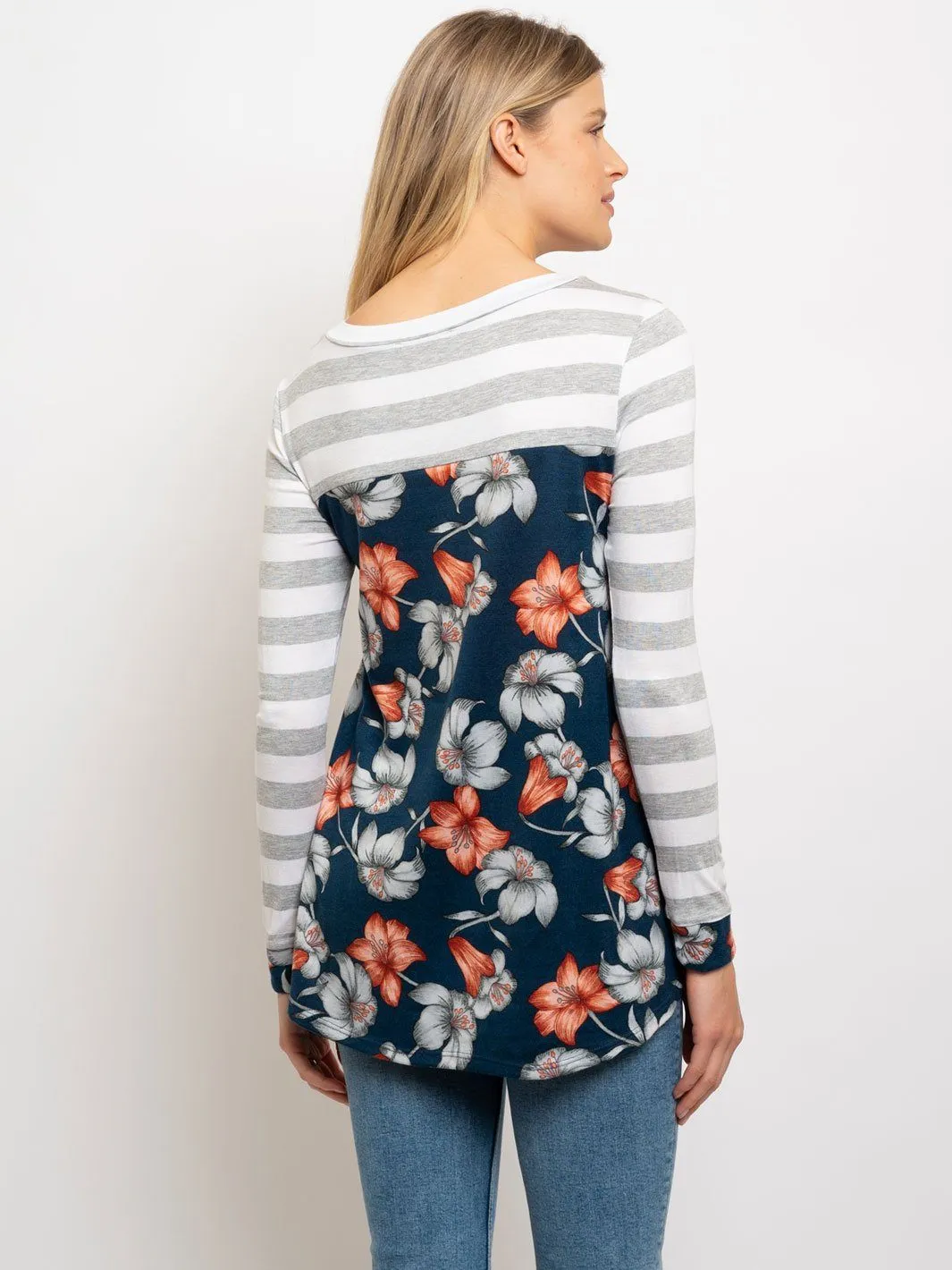 WOMEN'S FLORAL PRINT STRIPE CONTRAST TOP