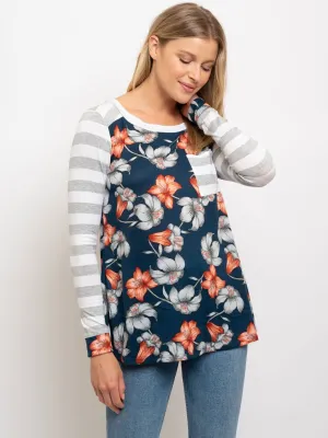 WOMEN'S FLORAL PRINT STRIPE CONTRAST TOP