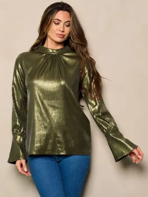 WOMEN'S LONG BELL SLEEVE MOCK NECK SEQUINS BLOUSE TOP