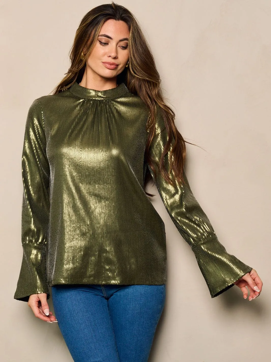 WOMEN'S LONG BELL SLEEVE MOCK NECK SEQUINS BLOUSE TOP