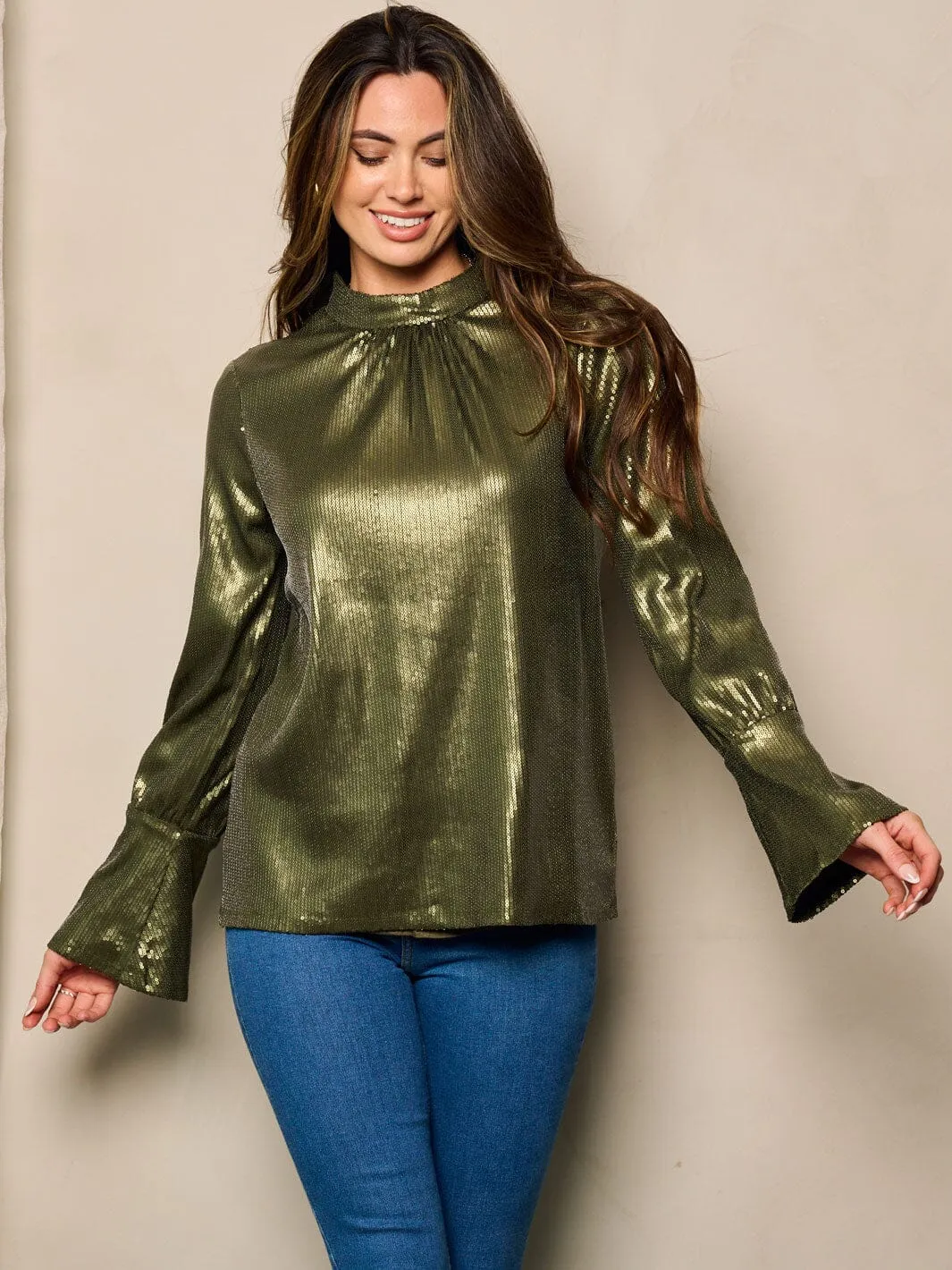 WOMEN'S LONG BELL SLEEVE MOCK NECK SEQUINS BLOUSE TOP