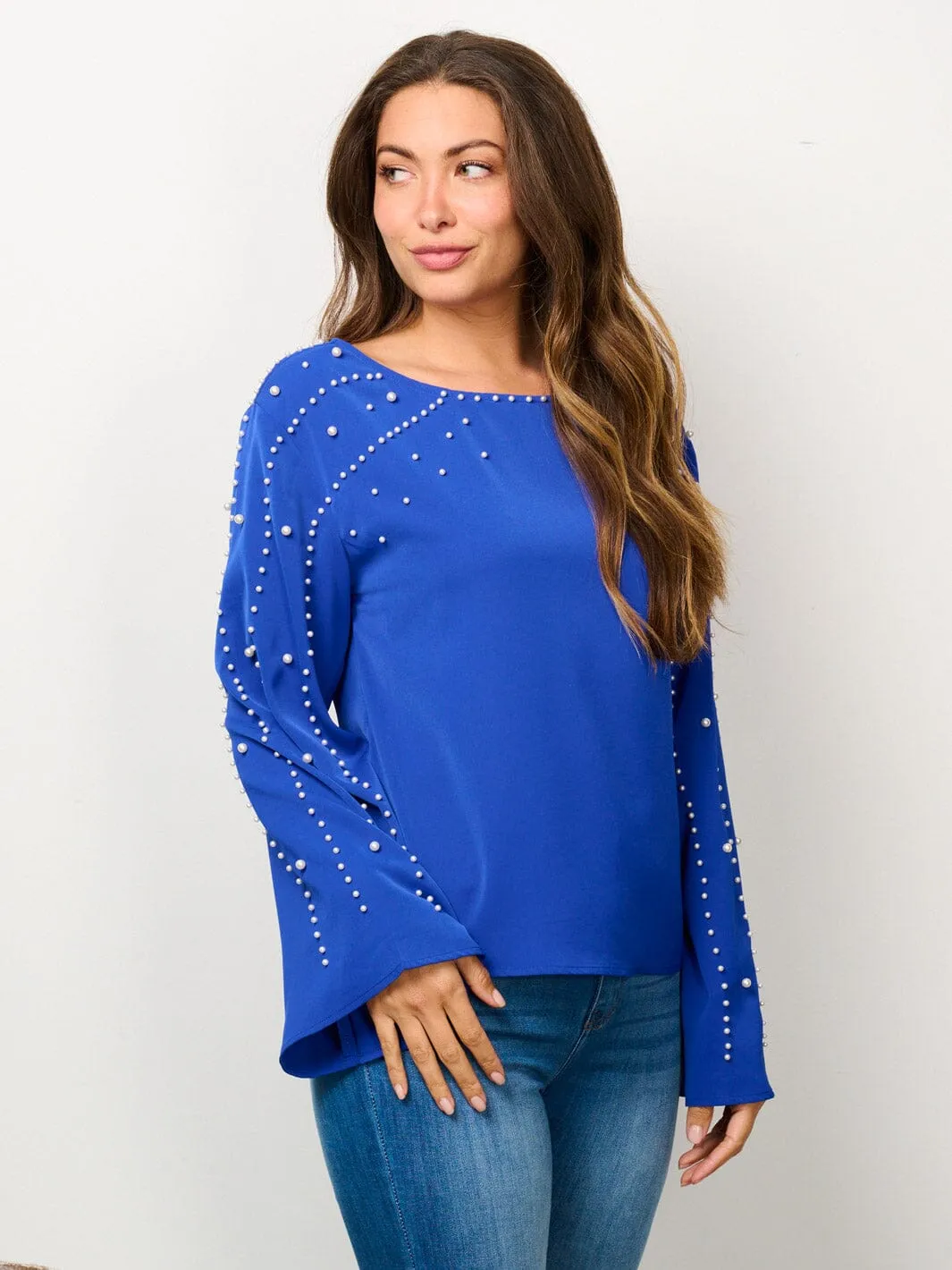 WOMEN'S LONG BELL SLEEVE PEARL DETAILED BLOUSE TOP