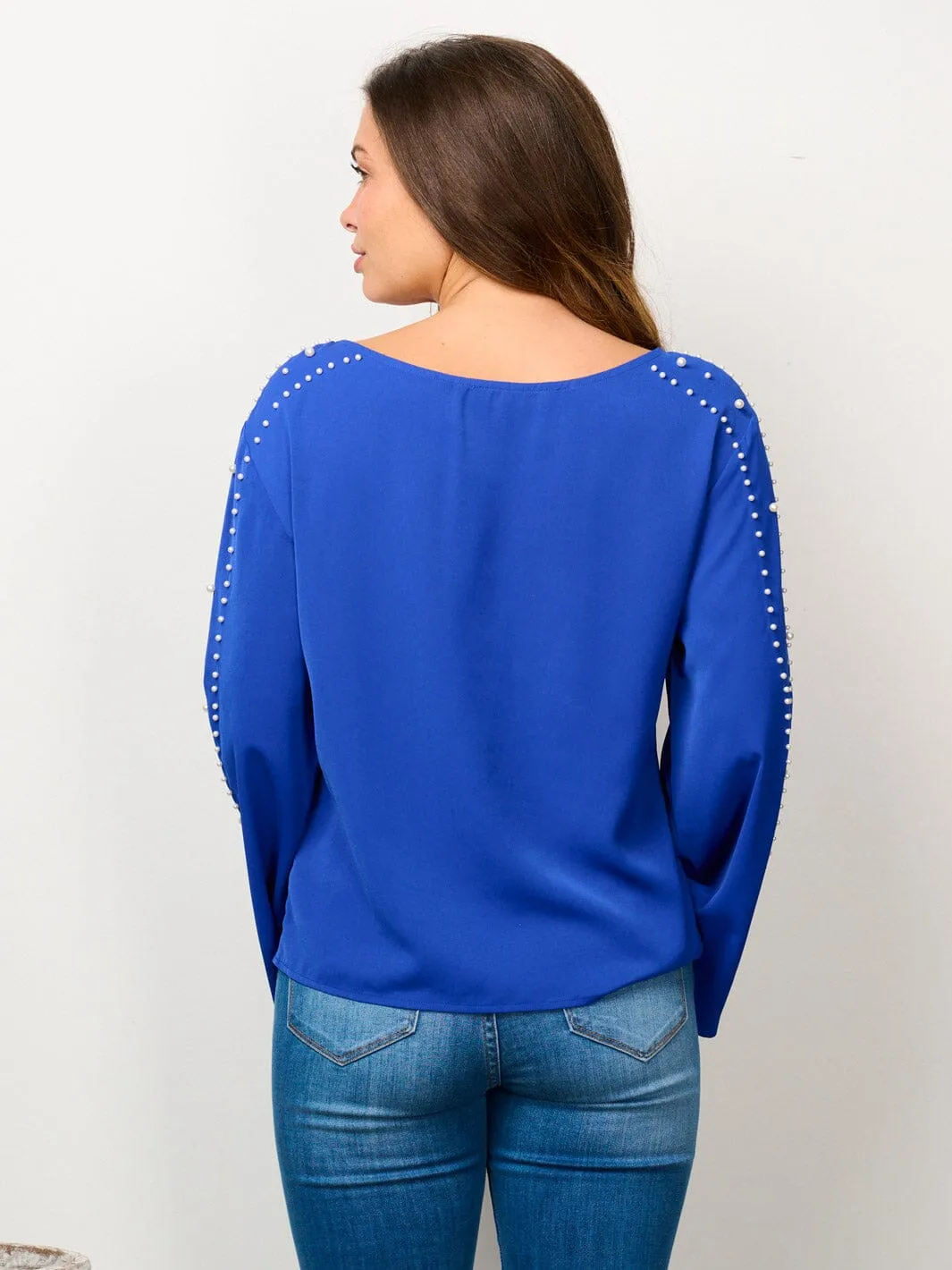 WOMEN'S LONG BELL SLEEVE PEARL DETAILED BLOUSE TOP