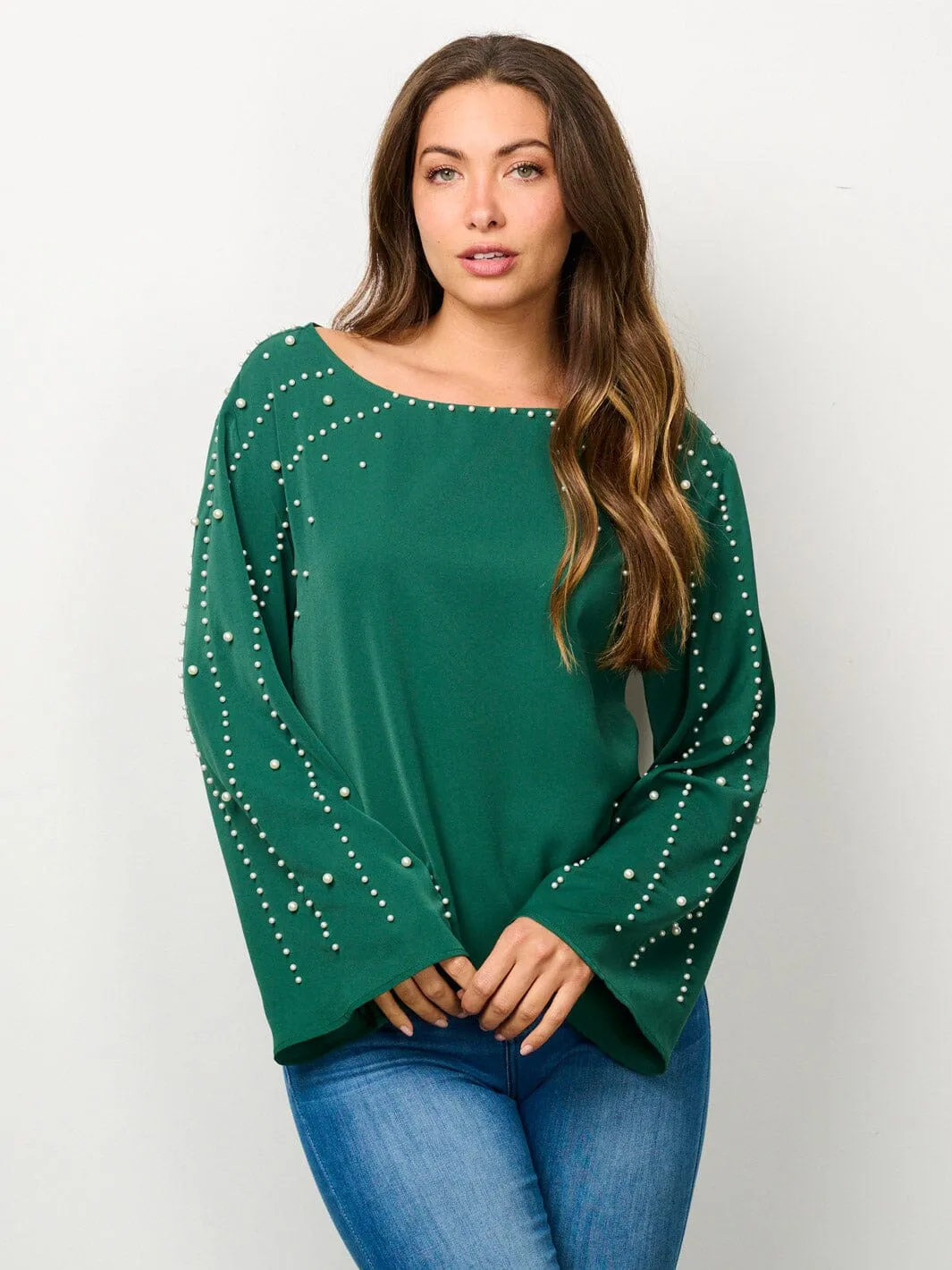 WOMEN'S LONG BELL SLEEVE PEARL DETAILED BLOUSE TOP