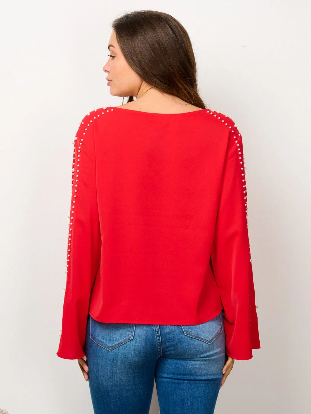 WOMEN'S LONG BELL SLEEVE PEARL DETAILED BLOUSE TOP