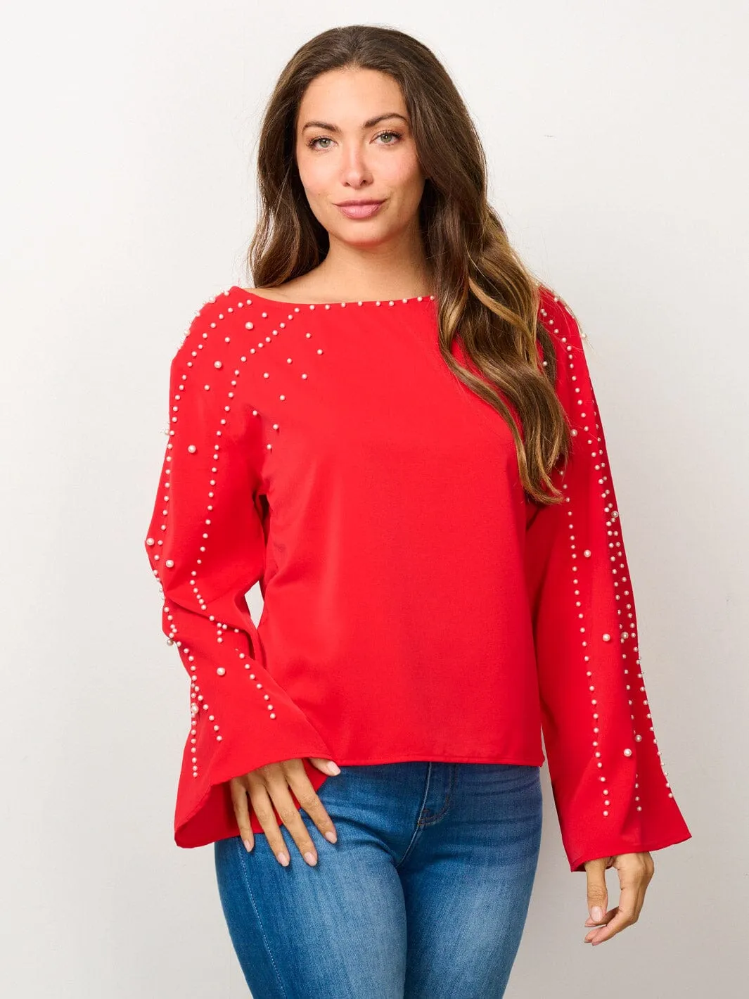 WOMEN'S LONG BELL SLEEVE PEARL DETAILED BLOUSE TOP