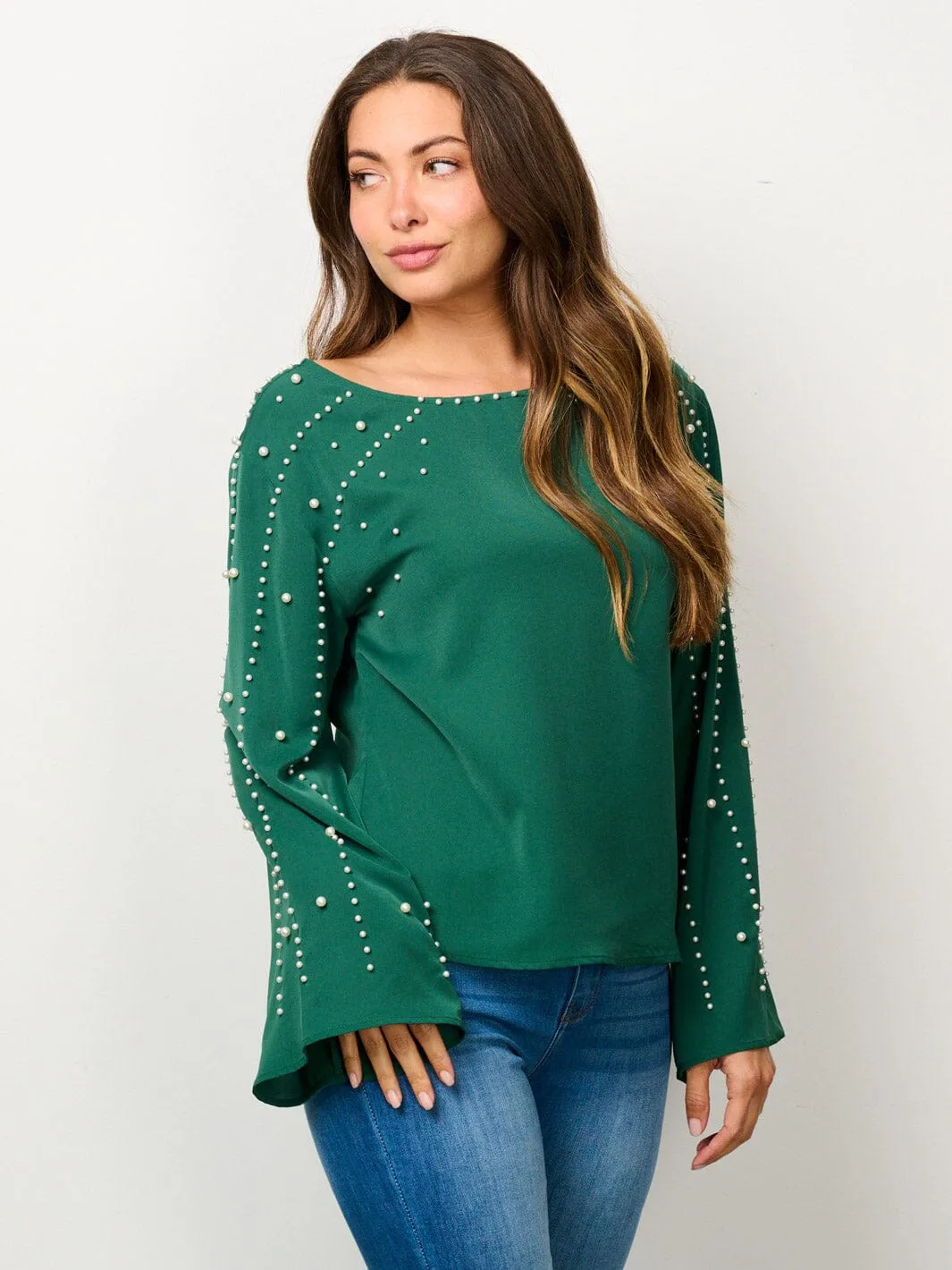 WOMEN'S LONG BELL SLEEVE PEARL DETAILED BLOUSE TOP
