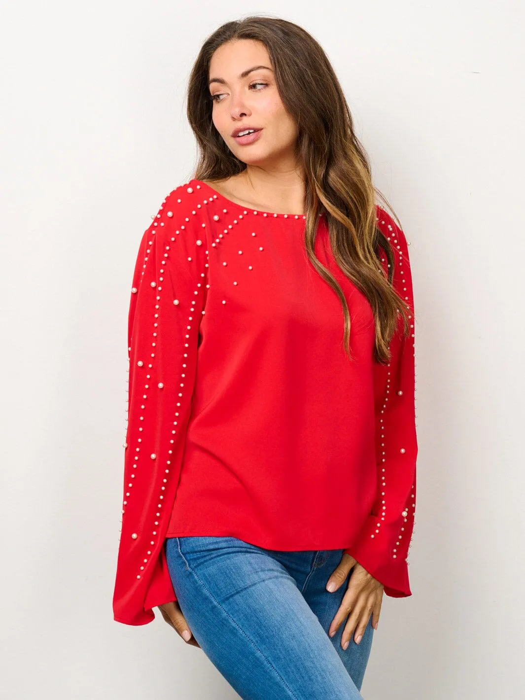 WOMEN'S LONG BELL SLEEVE PEARL DETAILED BLOUSE TOP