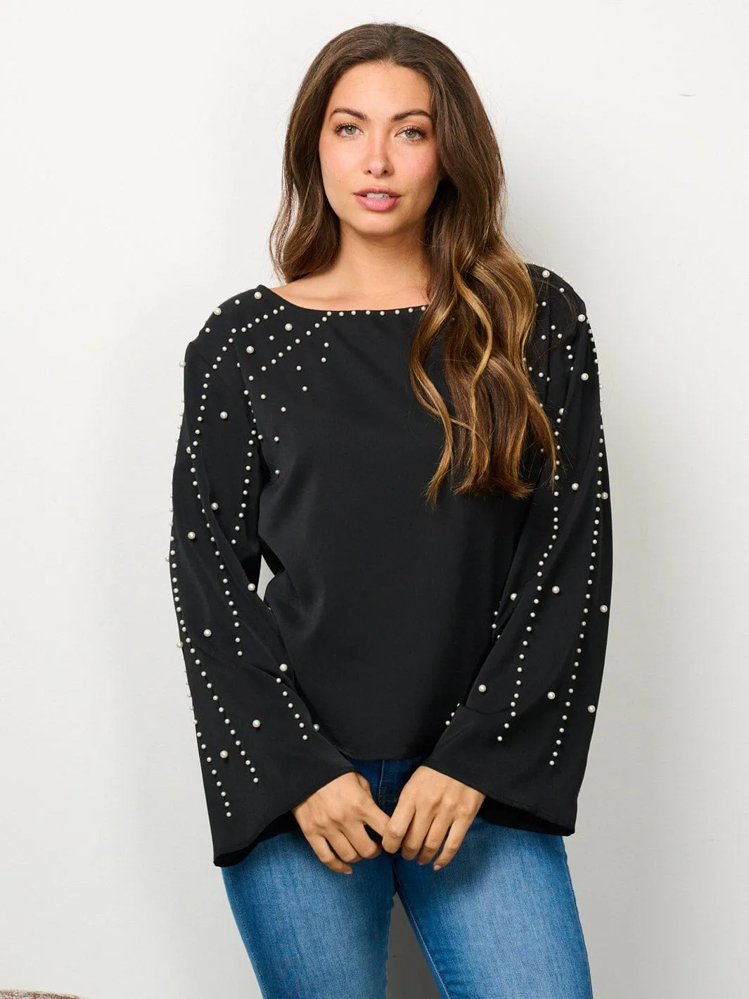 WOMEN'S LONG BELL SLEEVE PEARL DETAILED BLOUSE TOP