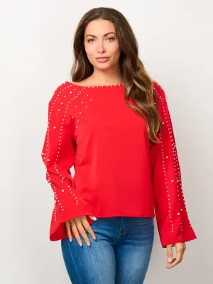 WOMEN'S LONG BELL SLEEVE PEARL DETAILED BLOUSE TOP