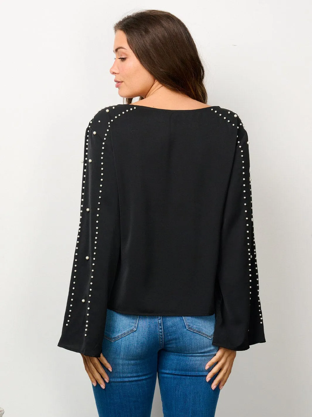 WOMEN'S LONG BELL SLEEVE PEARL DETAILED BLOUSE TOP