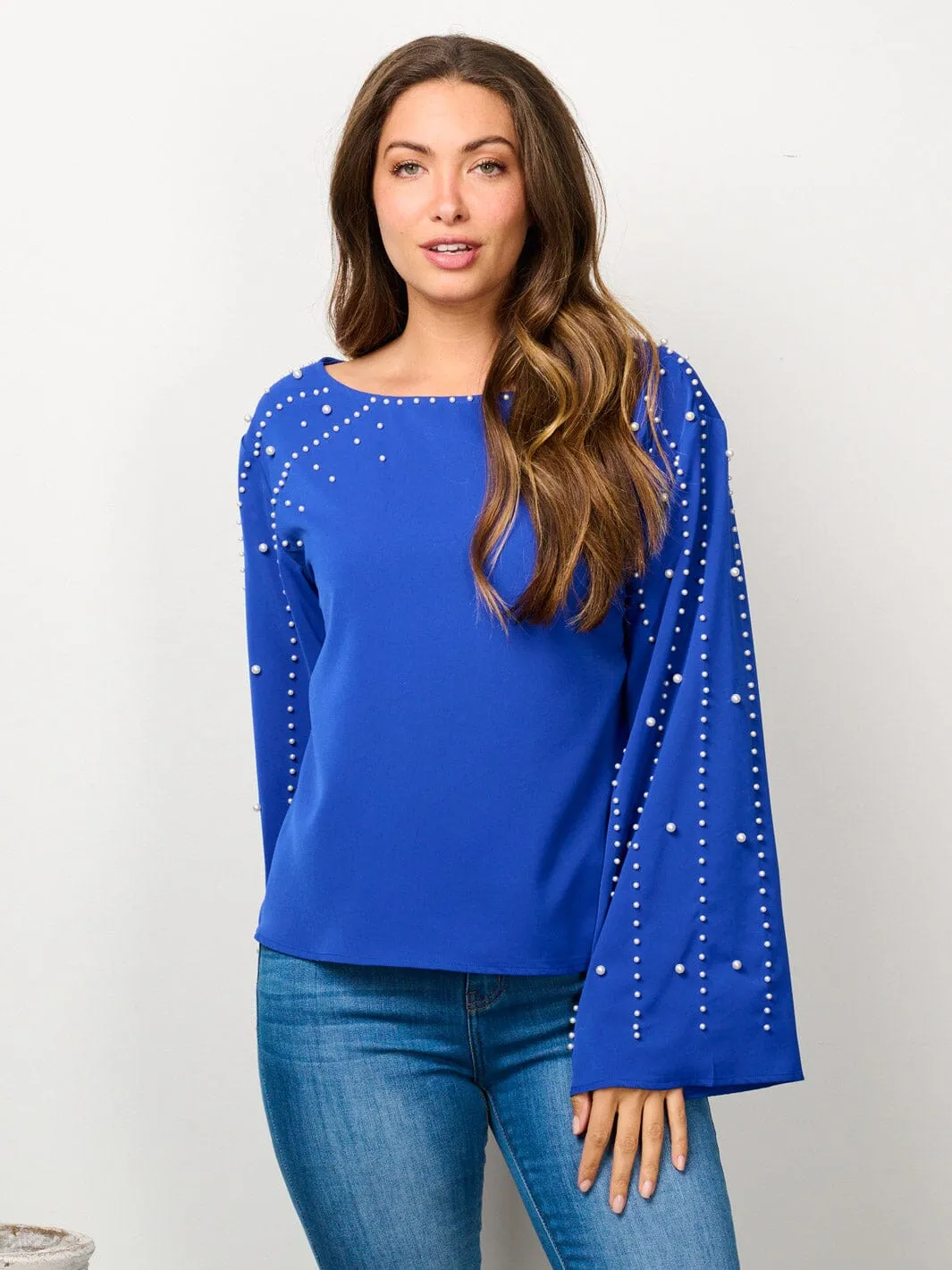 WOMEN'S LONG BELL SLEEVE PEARL DETAILED BLOUSE TOP