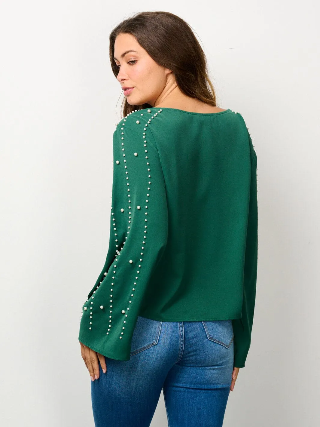 WOMEN'S LONG BELL SLEEVE PEARL DETAILED BLOUSE TOP