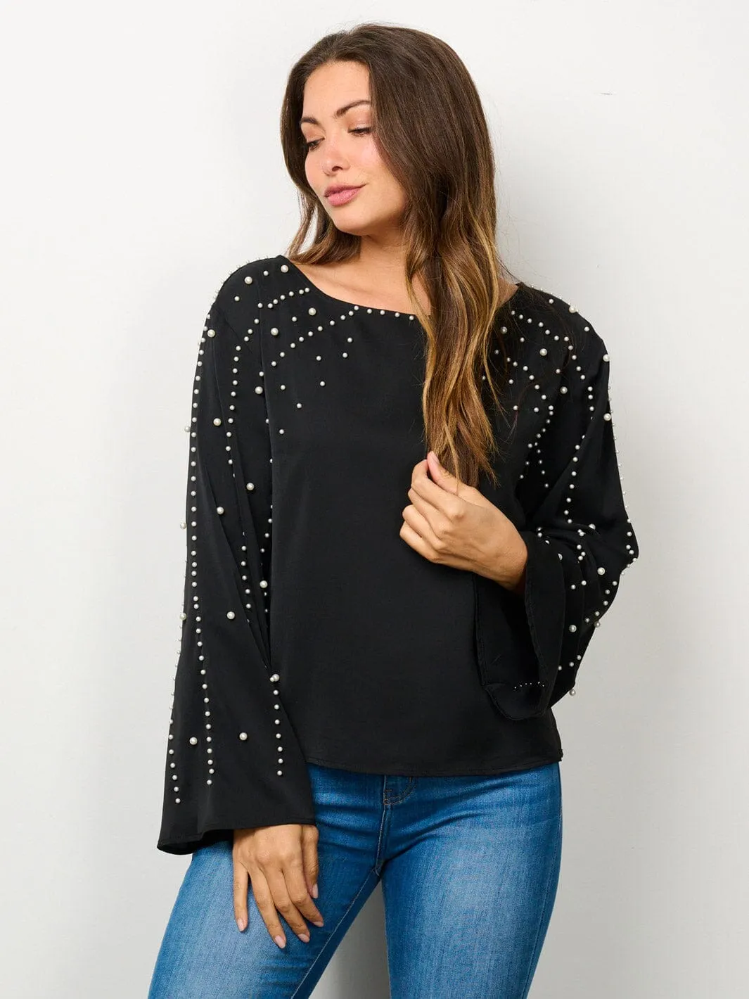 WOMEN'S LONG BELL SLEEVE PEARL DETAILED BLOUSE TOP