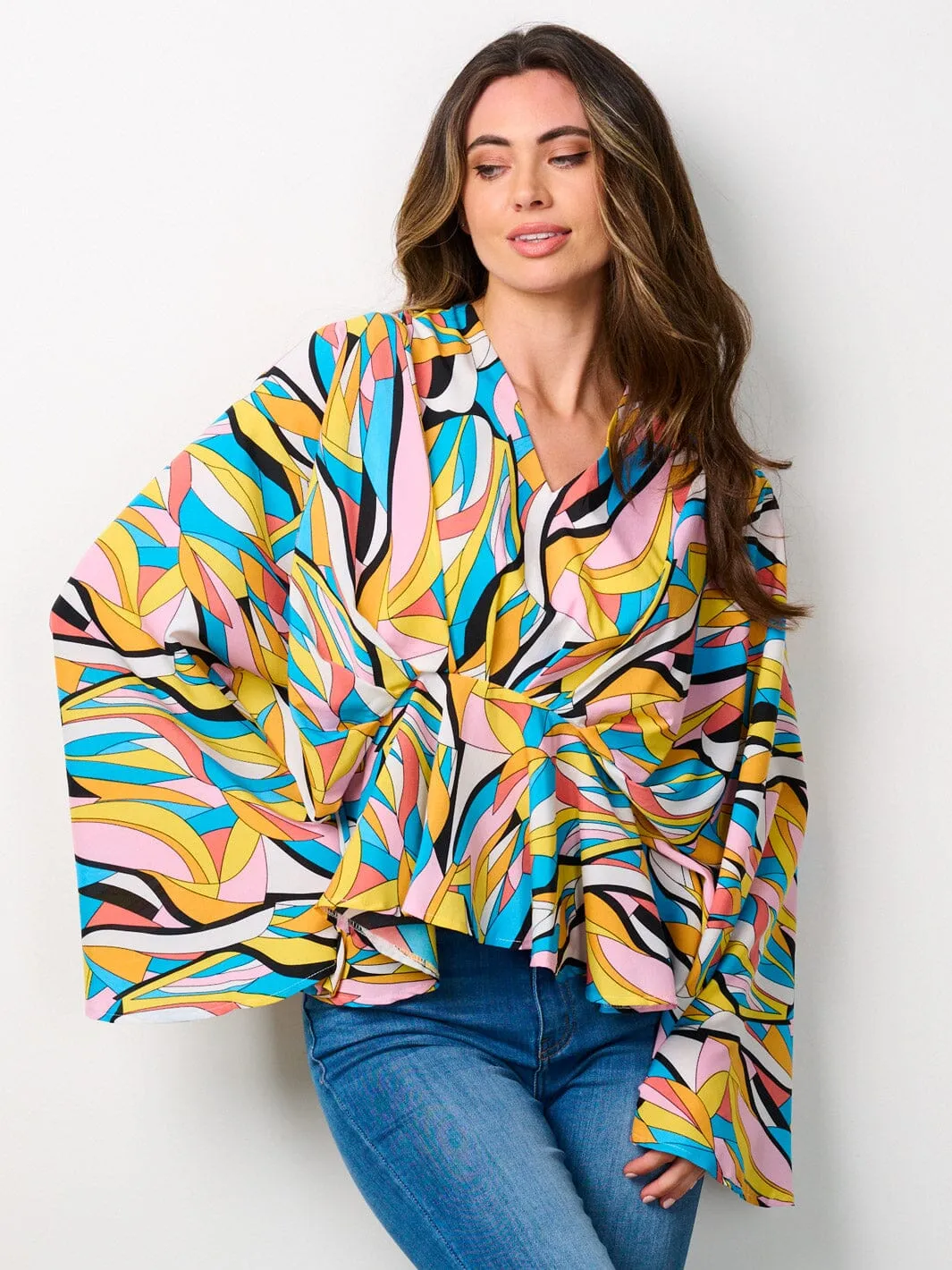 WOMEN'S LONG BELL SLEEVE V-NECK TUNIC MULTI PRINT BLOUSE TOP