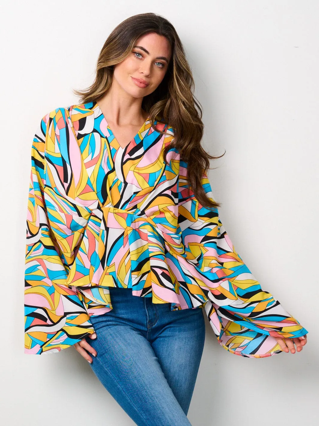 WOMEN'S LONG BELL SLEEVE V-NECK TUNIC MULTI PRINT BLOUSE TOP