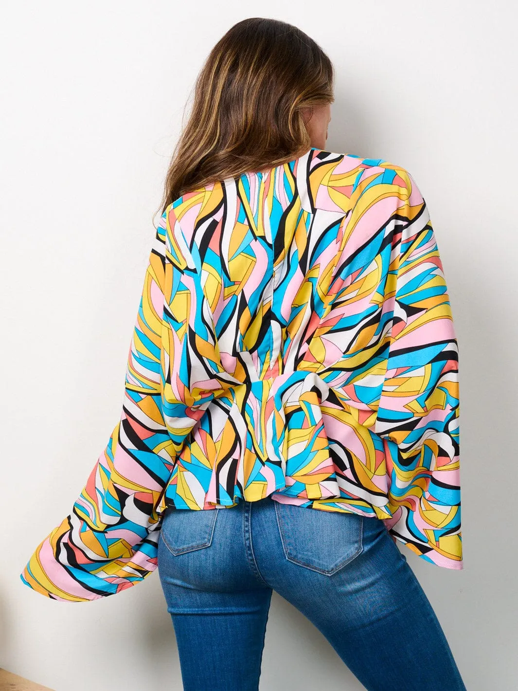 WOMEN'S LONG BELL SLEEVE V-NECK TUNIC MULTI PRINT BLOUSE TOP