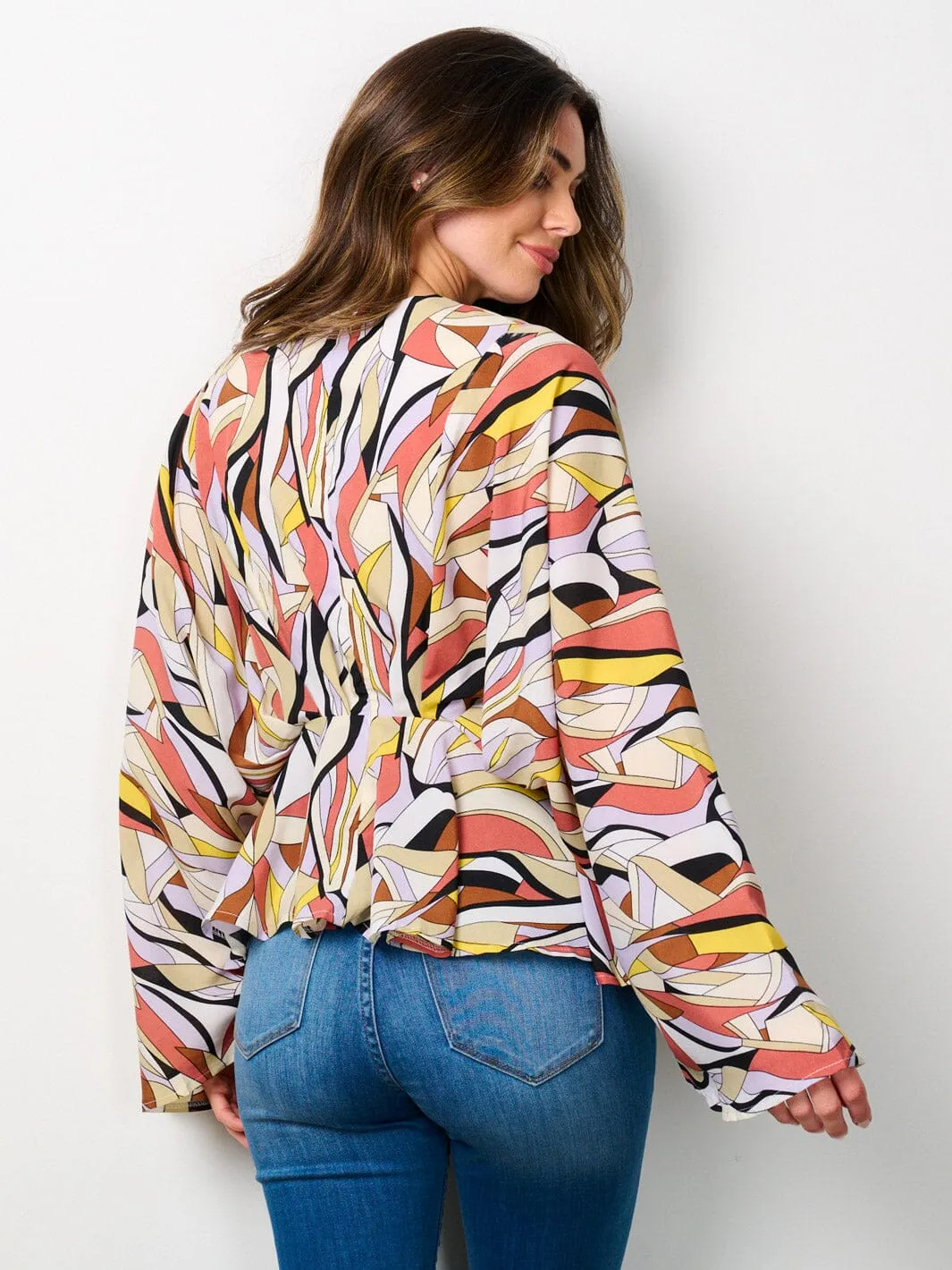 WOMEN'S LONG BELL SLEEVE V-NECK TUNIC MULTI PRINT BLOUSE TOP