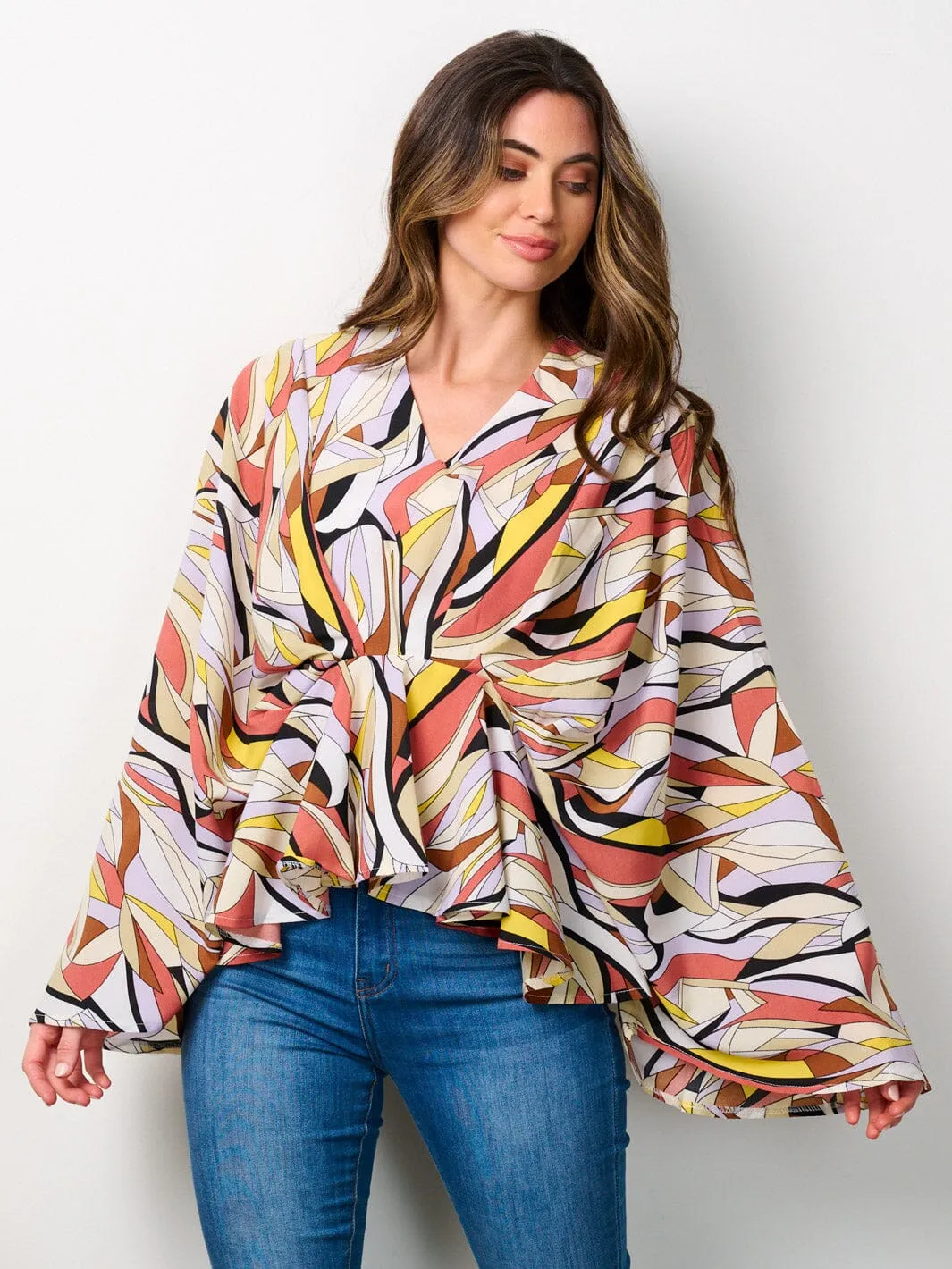 WOMEN'S LONG BELL SLEEVE V-NECK TUNIC MULTI PRINT BLOUSE TOP