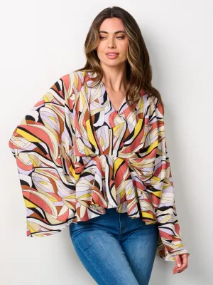 WOMEN'S LONG BELL SLEEVE V-NECK TUNIC MULTI PRINT BLOUSE TOP