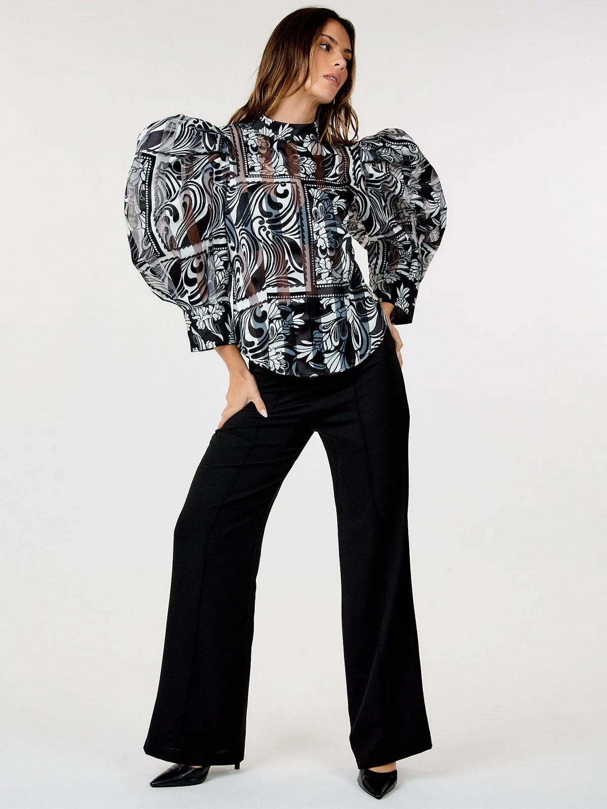 WOMEN'S LONG PUFF SLEEVE MULTI PRINT BLOUSE