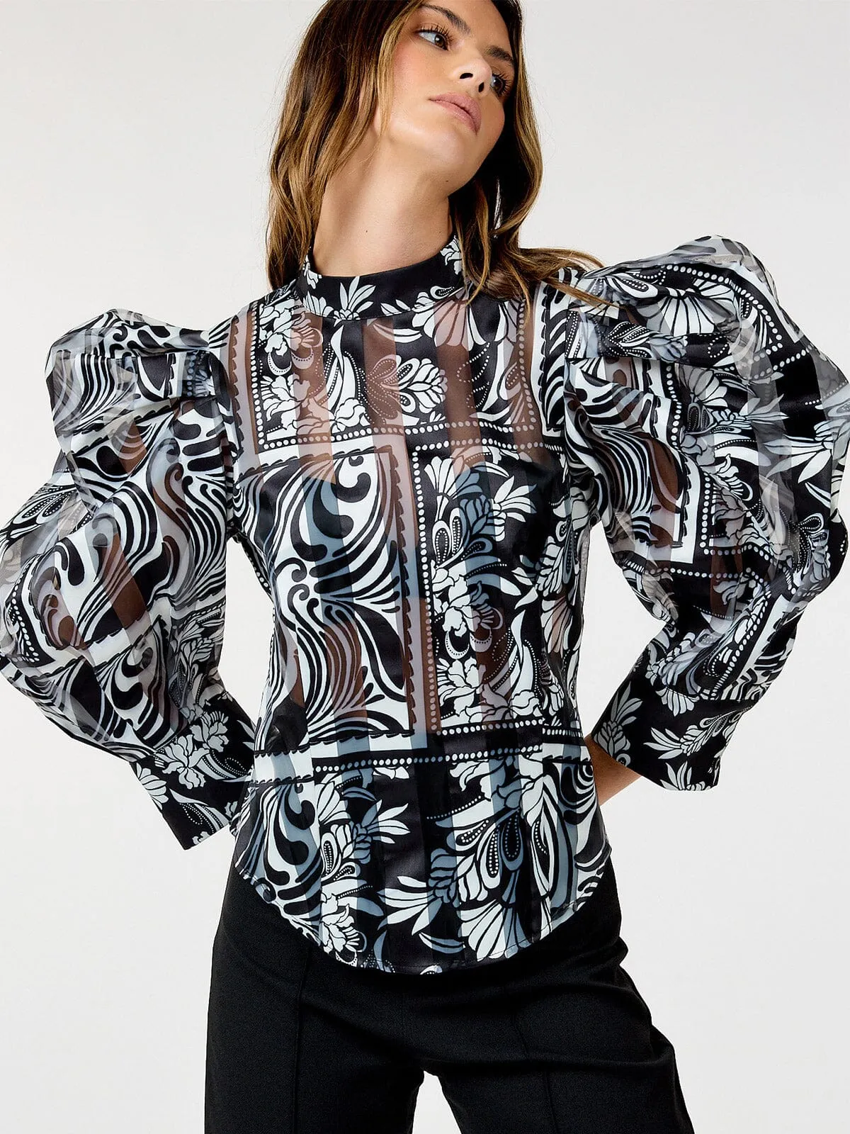 WOMEN'S LONG PUFF SLEEVE MULTI PRINT BLOUSE