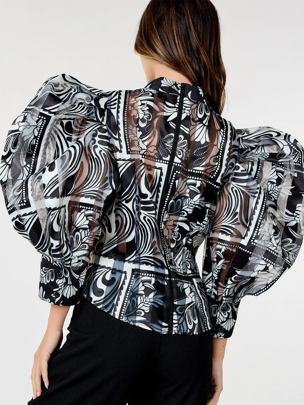 WOMEN'S LONG PUFF SLEEVE MULTI PRINT BLOUSE