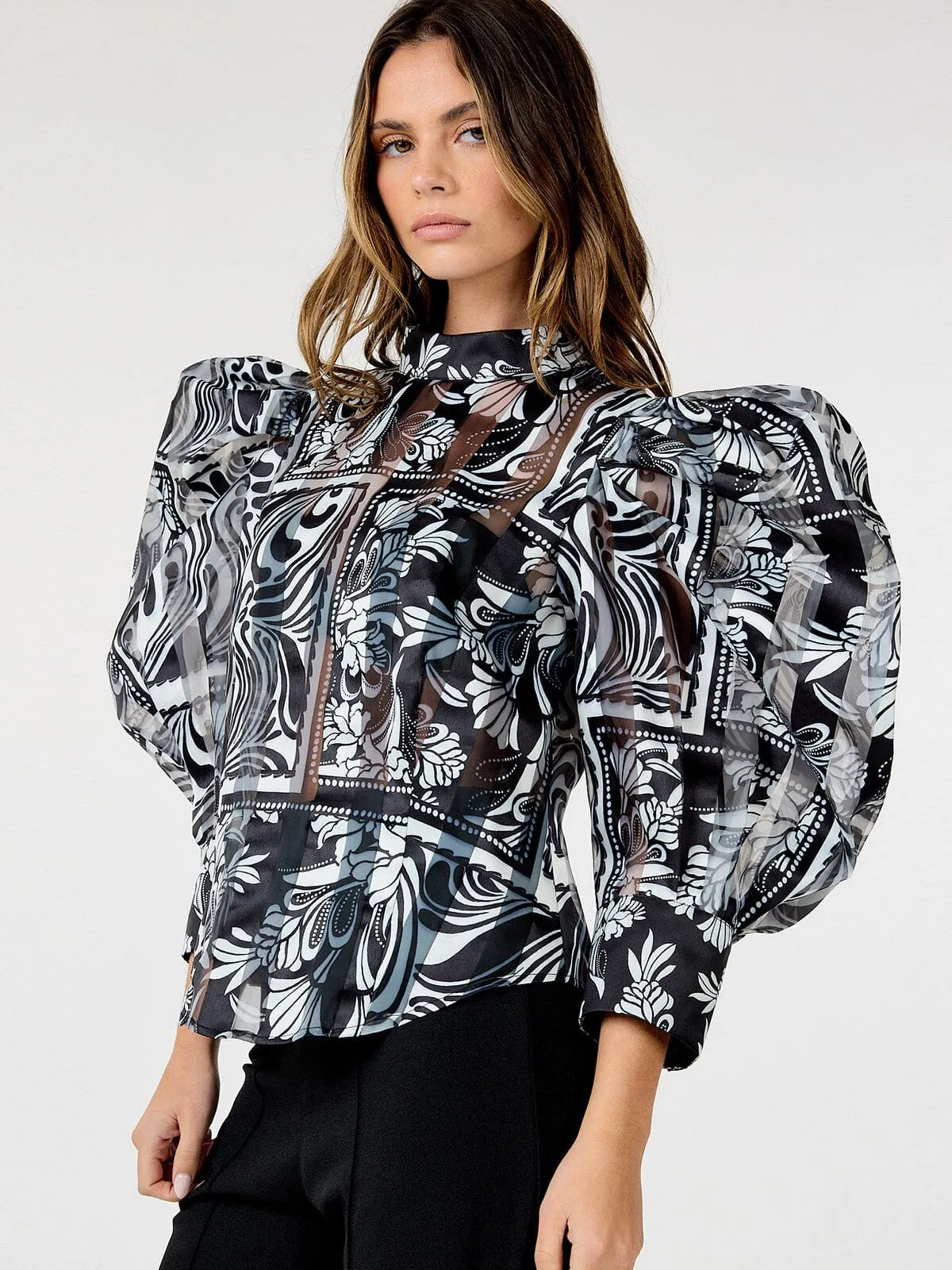 WOMEN'S LONG PUFF SLEEVE MULTI PRINT BLOUSE