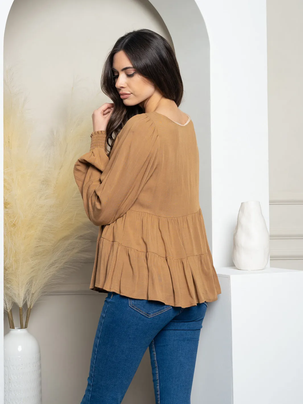 WOMEN'S LONG PUFF SLEEVE TIERED TOP