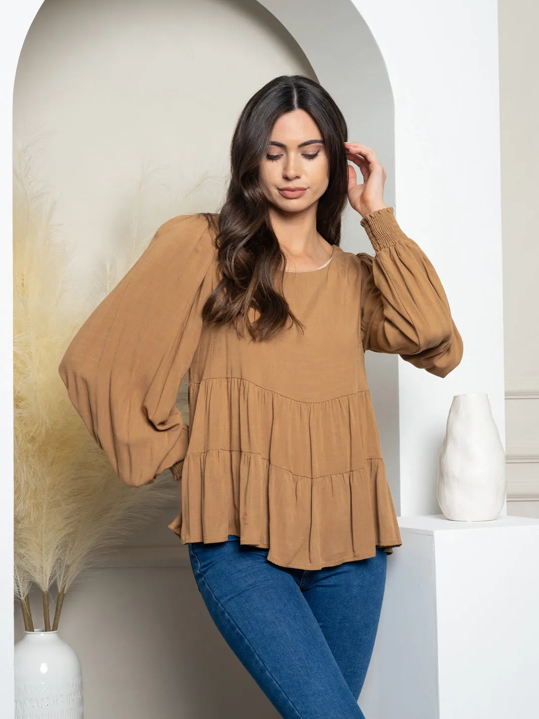WOMEN'S LONG PUFF SLEEVE TIERED TOP