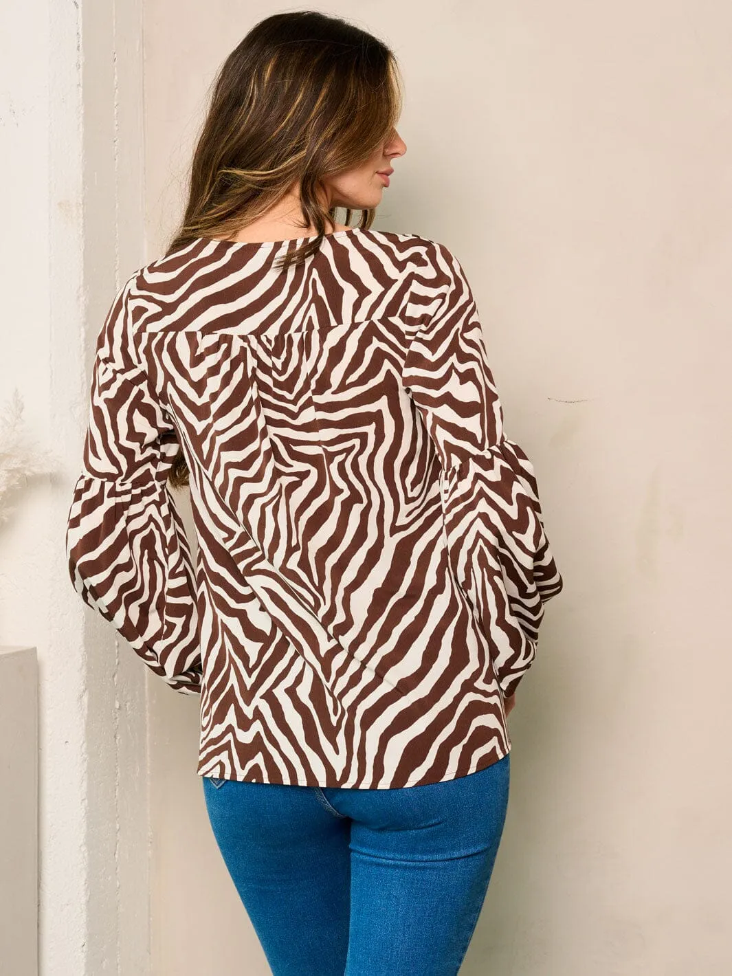 WOMEN'S LONG PUFF SLEEVE V-NECK PRINTED BLOUSE TOP