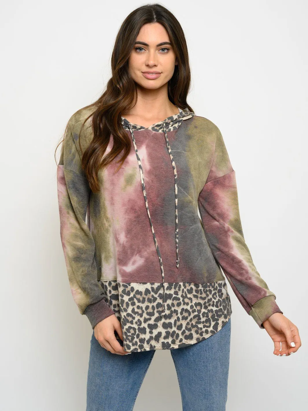 WOMEN'S LONG SLEEVE ANIMAL PRINT TIE DYE CONTRAST HOODIE TOP