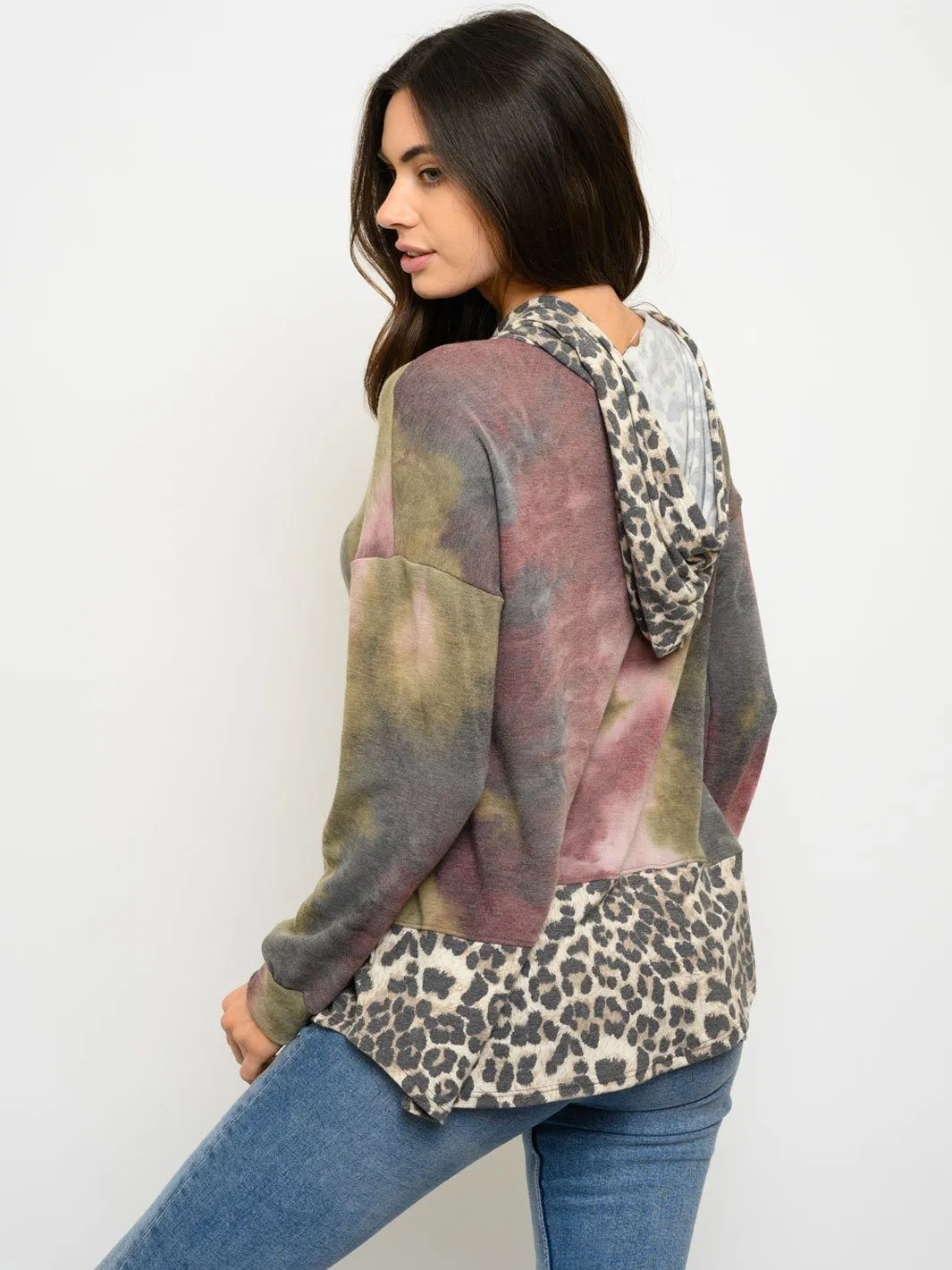 WOMEN'S LONG SLEEVE ANIMAL PRINT TIE DYE CONTRAST HOODIE TOP