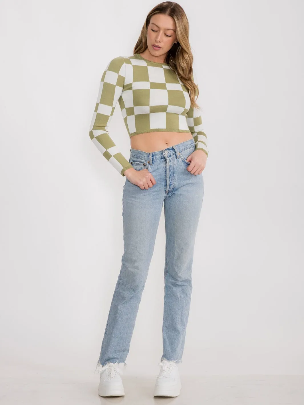 WOMEN'S LONG SLEEVE COLORBLOCK CHECKERS PRINT CROP TOP