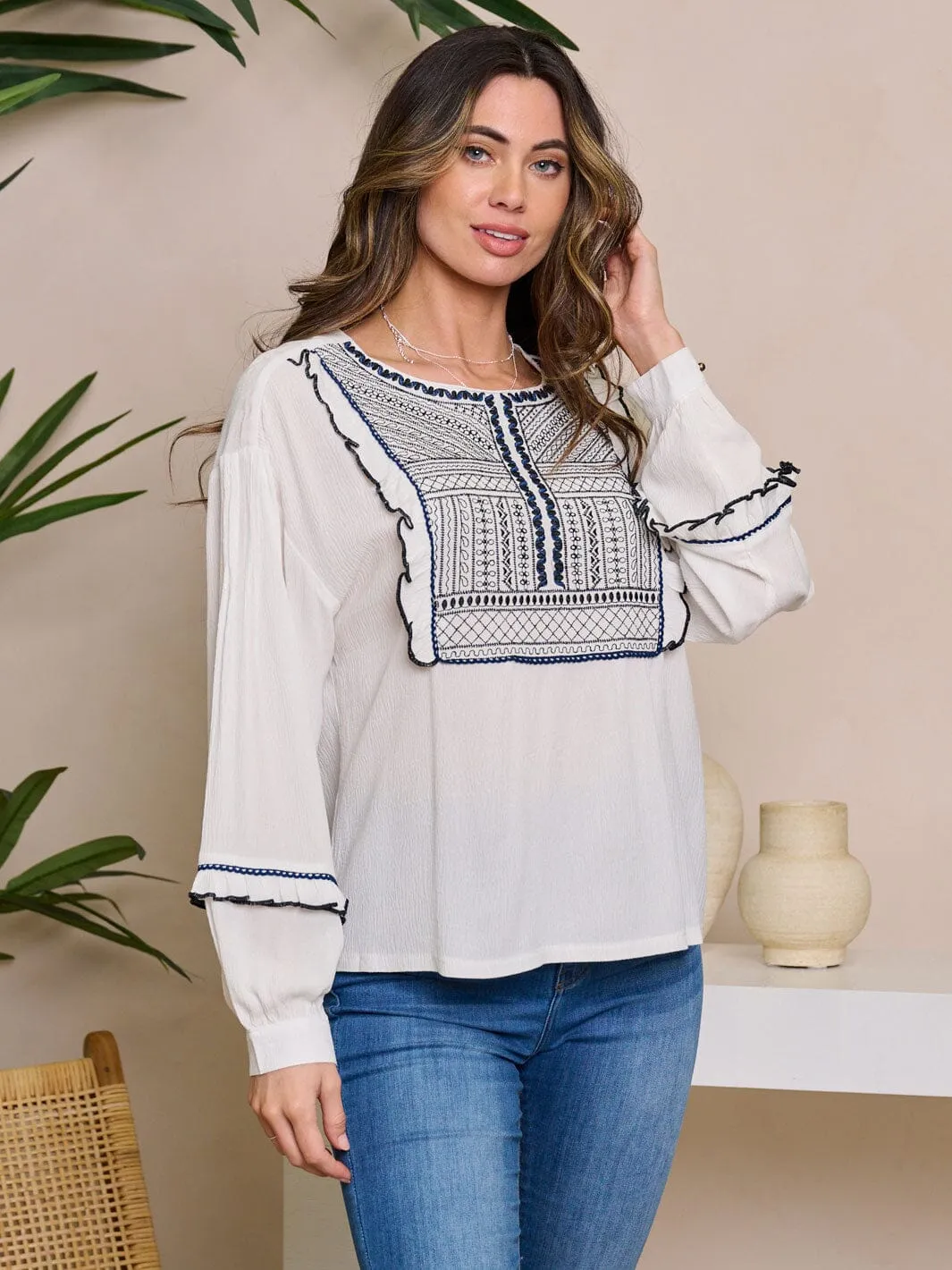 WOMEN'S LONG SLEEVE EMBROIDERY DETAILED BLOUSE TOP