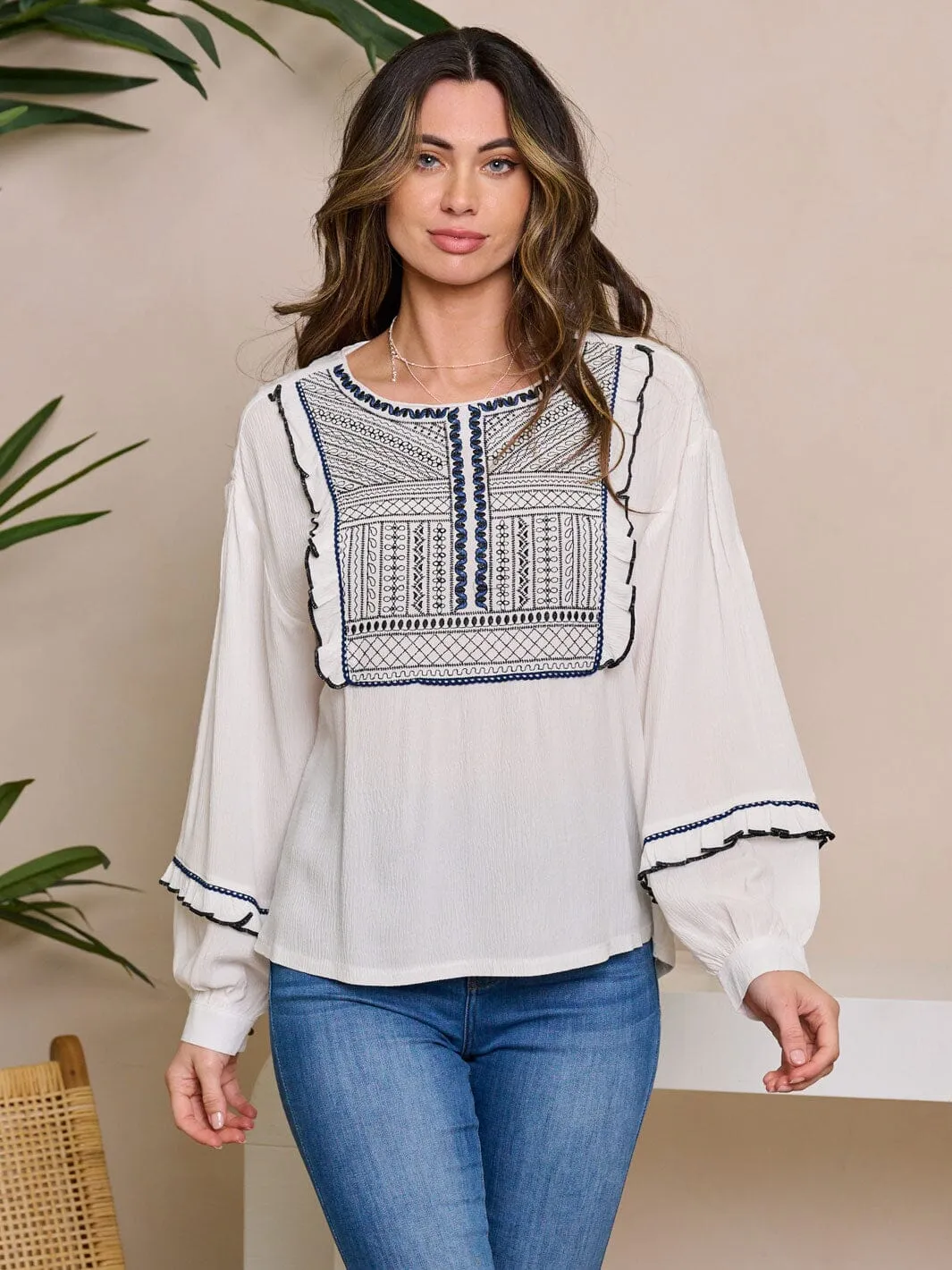 WOMEN'S LONG SLEEVE EMBROIDERY DETAILED BLOUSE TOP