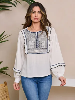 WOMEN'S LONG SLEEVE EMBROIDERY DETAILED BLOUSE TOP